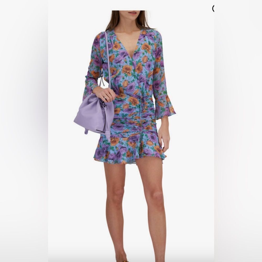 NEW Veronica Beard Seam Blue Floral Printed Ruched Silk Mini Dress 2